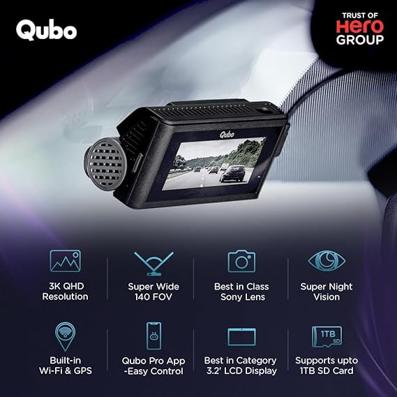 Qubo Car Dash Cam Pro 3K – Dual Channel Dash Camera with Sony STARVIS Sensor, 3.2" Display, 140° FOV & GPS | Hero Group | Made in India