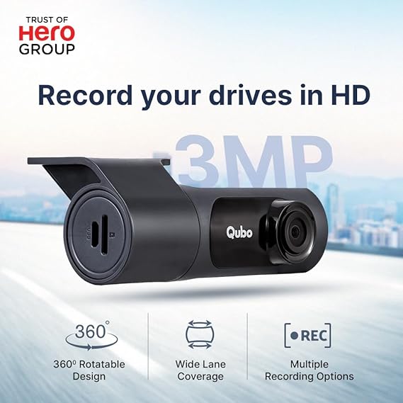 Qubo Car Dash Cam Pro X 2K (1296p) – 3MP CMOS, 360° Cabin View, Wi-Fi, Super Capacitor | Made in India | Space Grey