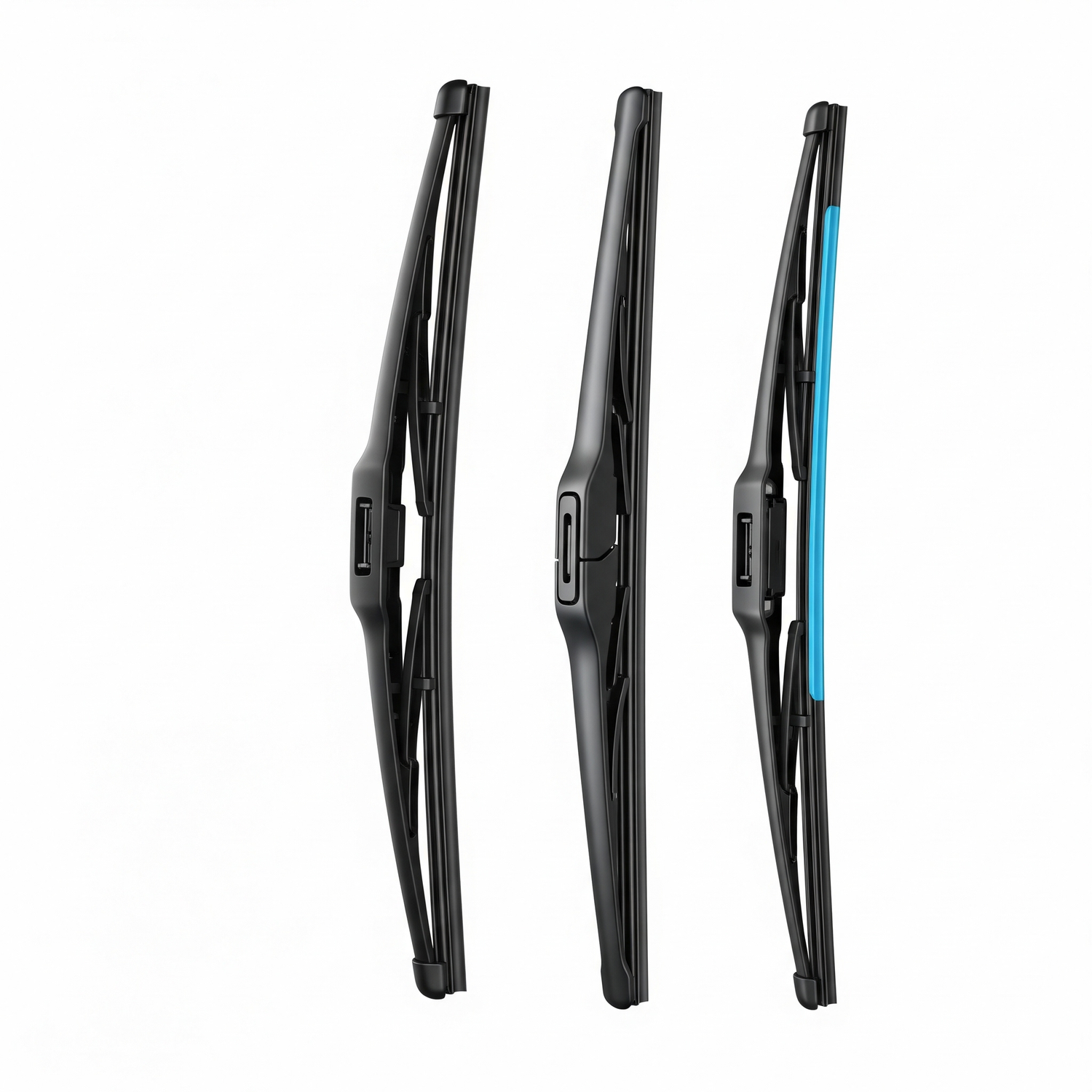 Three types of car windshield wipers – conventional, beam, and hybrid – displayed side by side