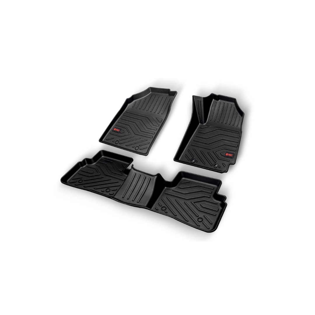 Black 5D custom-fit car floor mats placed inside a luxury SUV interior