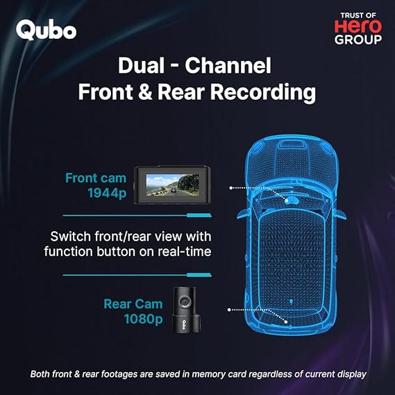 Qubo Car Dash Cam Pro 3K – Dual Channel Dash Camera with Sony STARVIS Sensor, 3.2" Display, 140° FOV & GPS | Hero Group | Made in India