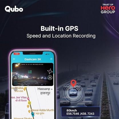 Qubo Car Dash Cam Pro 3K – Dual Channel Dash Camera with Sony STARVIS Sensor, 3.2" Display, 140° FOV & GPS | Hero Group | Made in India
