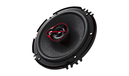 Front view of Pioneer TS-R1651D-2 6.5-inch 3-way coaxial car speaker with full covered grille and shallow basket design