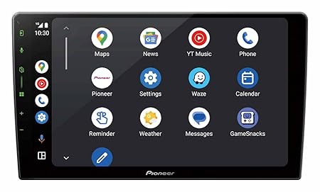 Pioneer DMH-AP6650BT 9-inch car stereo with Android Auto apps including Maps, YT Music, Waze, and Calendar.