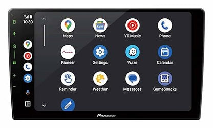 Pioneer DMH-AP6650BT 9-inch car stereo with Android Auto apps including Maps, YT Music, Waze, and Calendar.