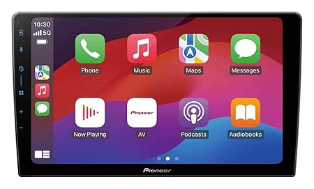 Pioneer DMH-AP6650BT wireless Apple CarPlay display showing Phone, Music, Maps, Messages, and Podcasts.