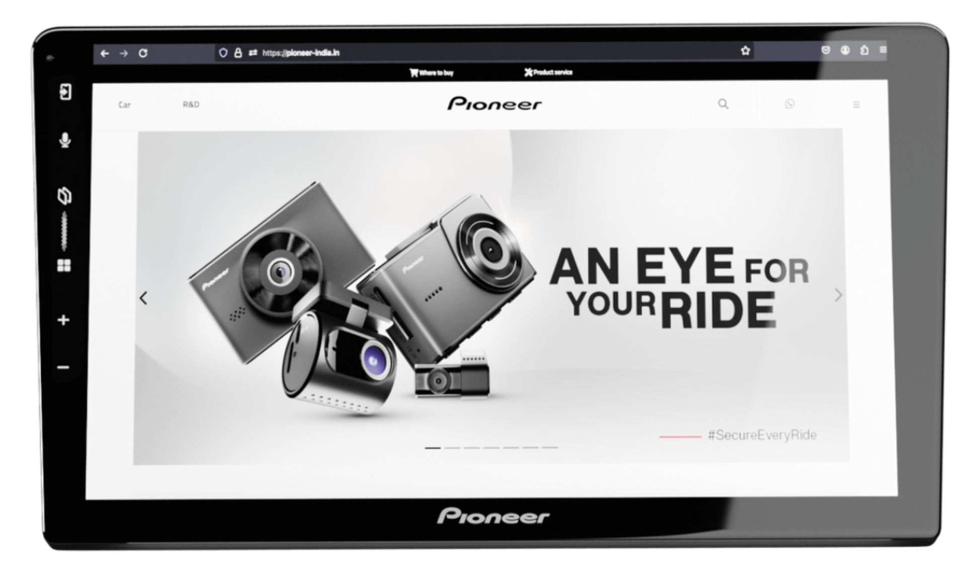 Pioneer DMH-AP6650BT car stereo with large 9-inch display showing dashcam promotion and internet browsing.