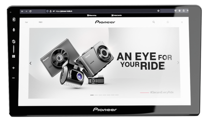 Pioneer DMH-AP6650BT car stereo with large 9-inch display showing dashcam promotion and internet browsing.