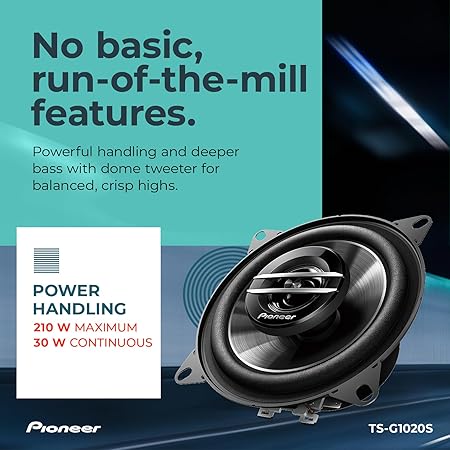 Pioneer TS-G1020S 4-inch 2-Way Coaxial Speakers emphasizing their 210W max power output and balanced, crisp sound with clear highs and impactful bass.