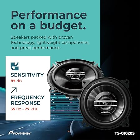 Pioneer TS-G1020S 4-inch 2-Way G-Series Coaxial Speakers with a black and silver design showing their powerful performance and dynamic sound for car audio systems