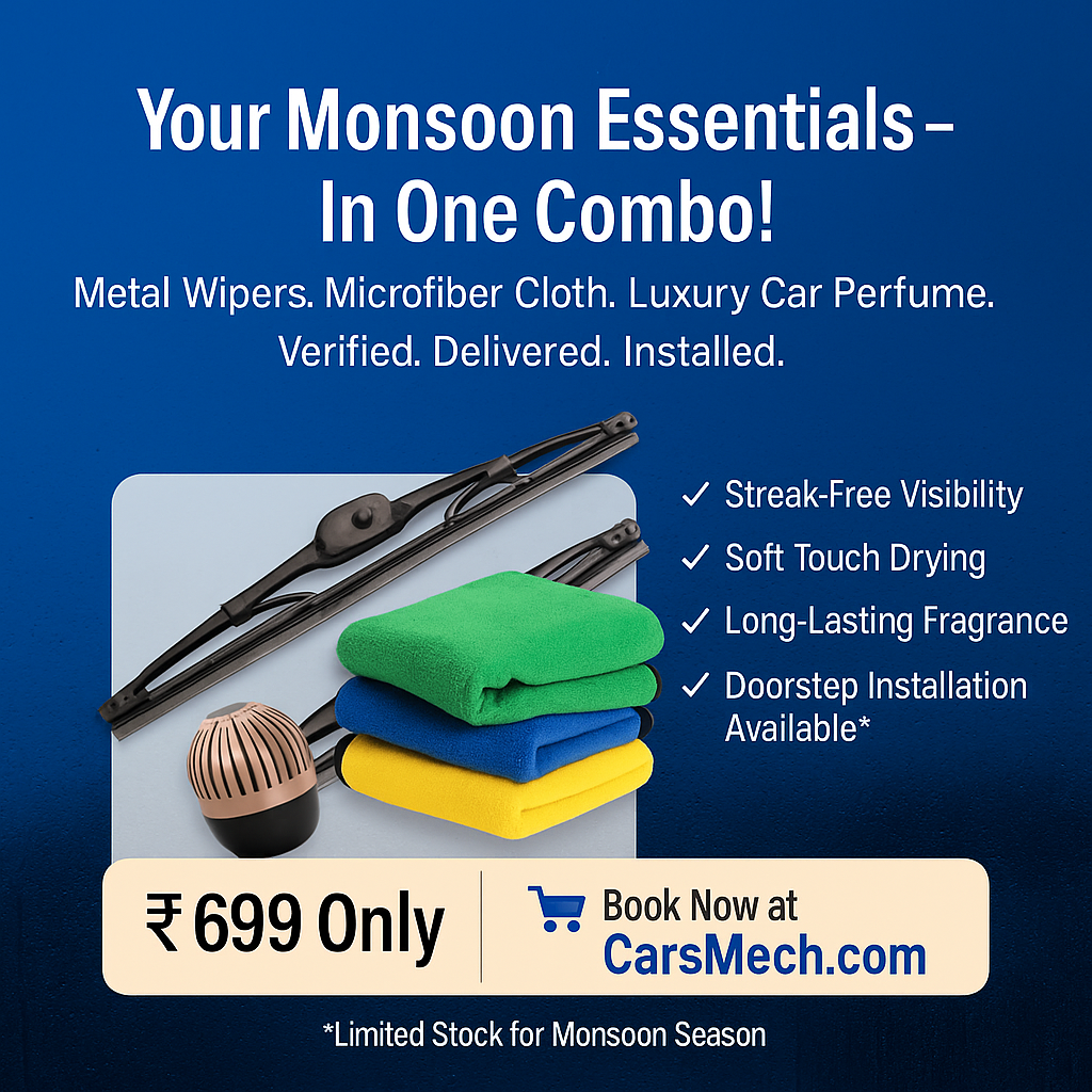 Monsoon Car Care Combo Pack – Metal Wiper Blades, Fragrojet Car Perfume & 80 GSM Microfiber Cloth | CarsMech