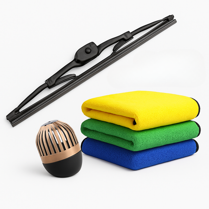 Monsoon Car Care Combo Pack – Metal Wiper Blades, Fragrojet Car Perfume & 80 GSM Microfiber Cloth | CarsMech