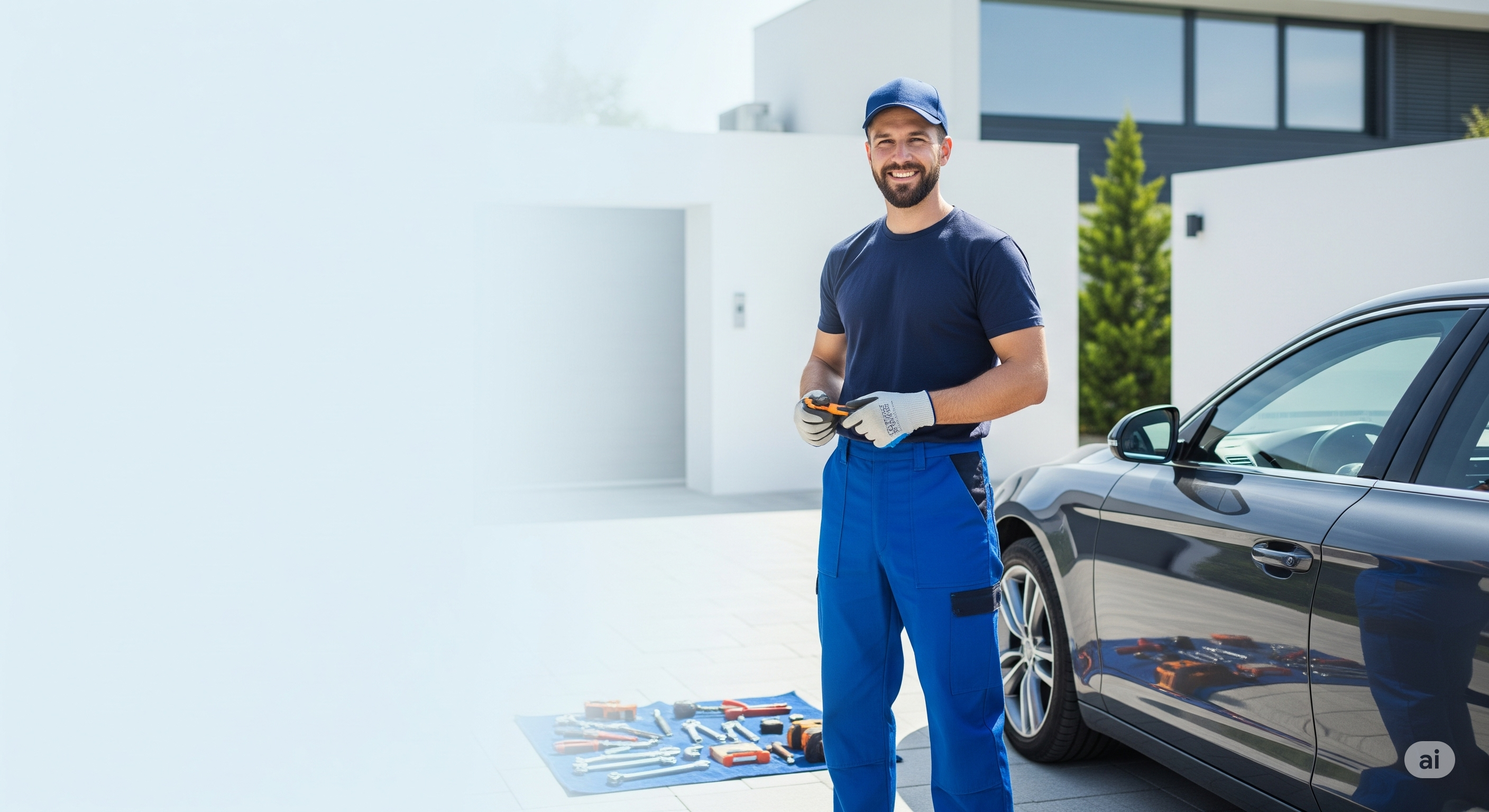 Man in blue uniform with tools standing next to a car in front of a modern building.