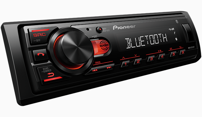 Pioneer MVH-S239BT Bluetooth car stereo with red illumination and large control knob