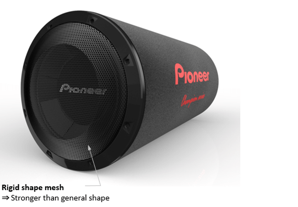Pioneer TS-WX3000T subwoofer featuring a rigid shape mesh design for improved durability and stronger performance.