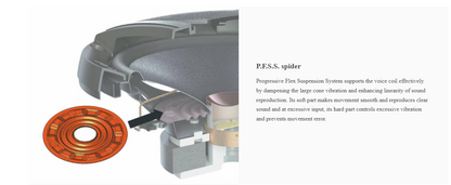 Pioneer TS-G1020S Coaxial Speakers showing Progressive Flex Suspension System (P.F.S.S.) that supports the voice coil to reduce large cone vibrations for clear sound reproduction.