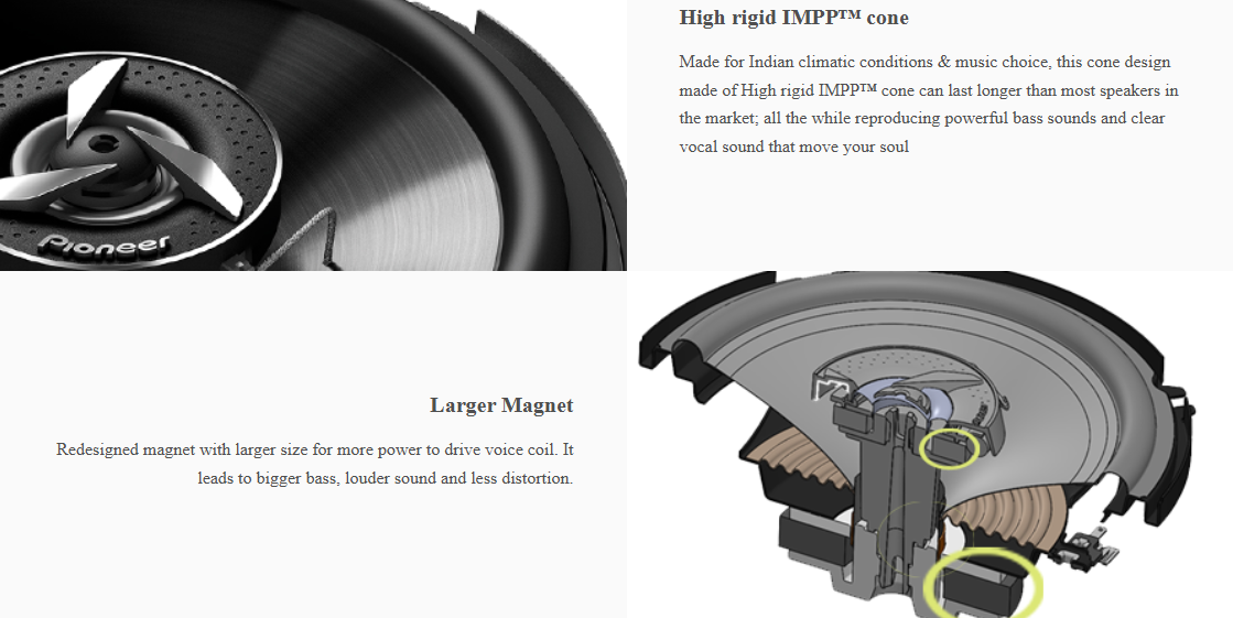 Pioneer TS-1602IN coaxial speaker featuring high-rigid IMPP cone for durable deep bass and clear sound performance