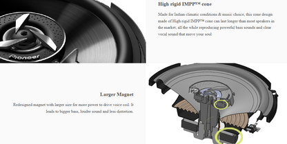 Pioneer TS-1602IN coaxial speaker featuring high-rigid IMPP cone for durable deep bass and clear sound performance