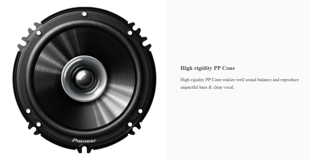 High rigidity PP cone of Pioneer TS-G1610S-2 car speaker designed for improved bass balance and clear vocals