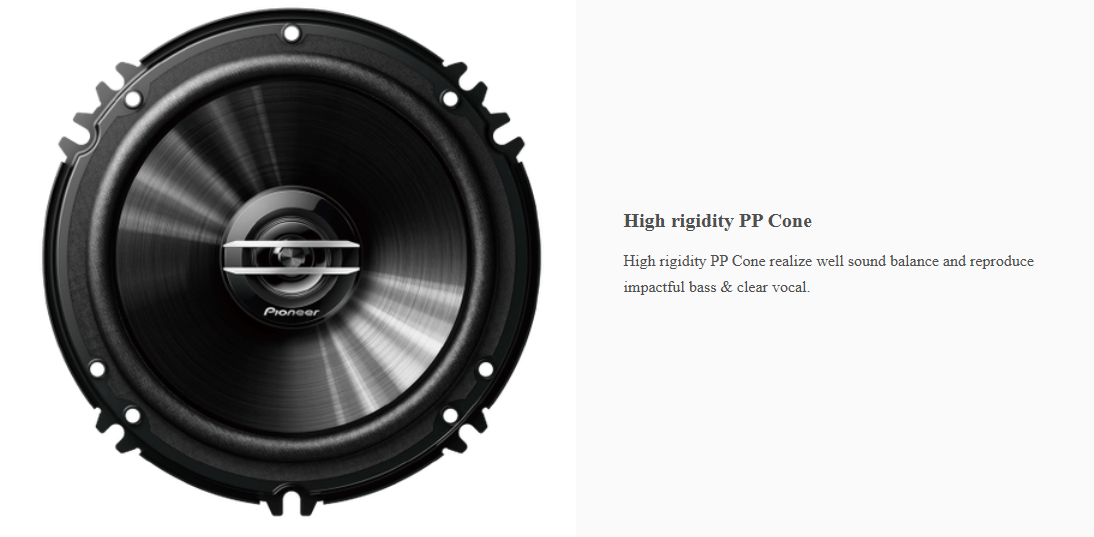 Pioneer TS-G1620S-2 6.5 inch coaxial car speaker with high rigidity PP cone for balanced sound, deep bass, and clear vocals.