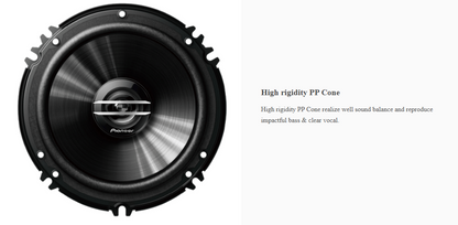 Pioneer TS-G1620S-2 6.5 inch coaxial car speaker with high rigidity PP cone for balanced sound, deep bass, and clear vocals.