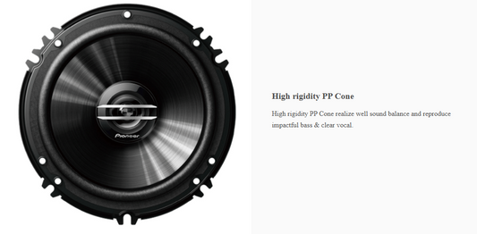 Pioneer TS-G1620S-2 6.5 inch coaxial car speaker with high rigidity PP cone for balanced sound, deep bass, and clear vocals.