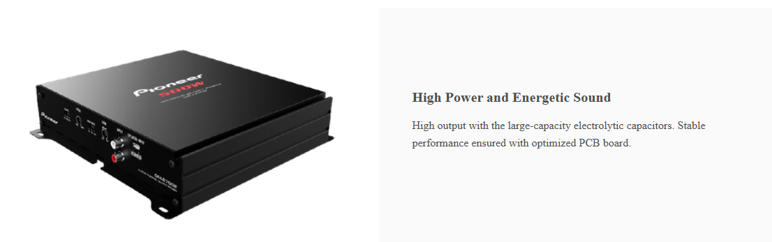 Pioneer GM-E7002 Car Amplifier featuring high power output with large-capacity capacitors and optimized PCB for stable sound
