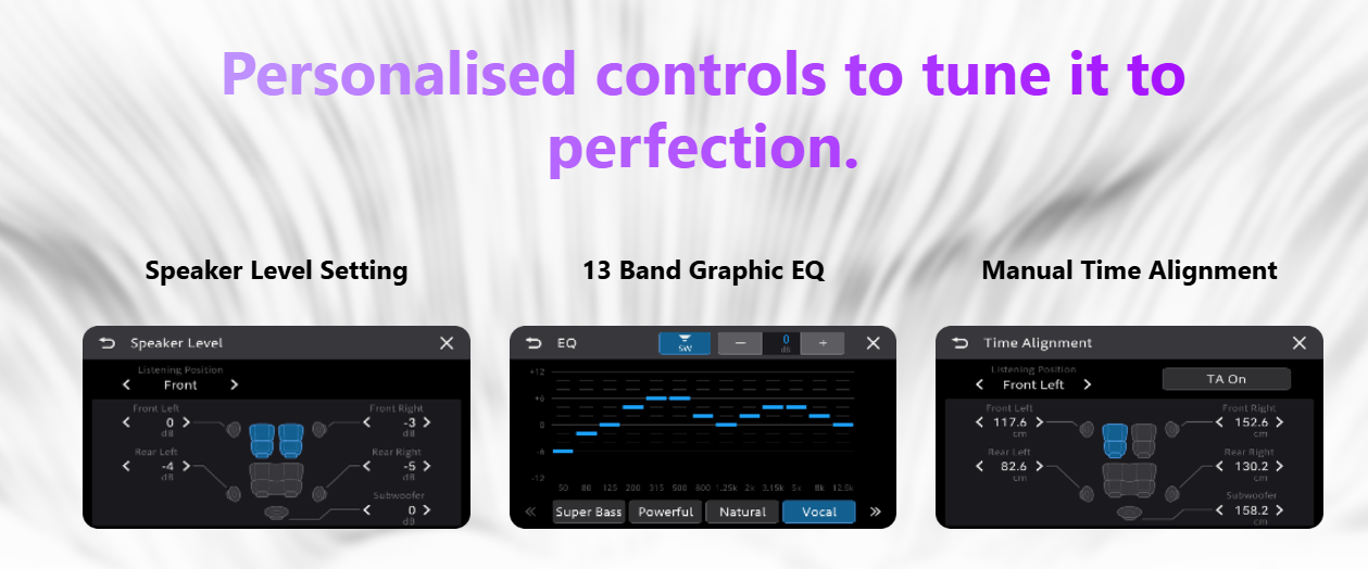 Pioneer DMH-AP6650BT personalized sound controls with 13-band graphic EQ, speaker level setting, and manual time alignment.