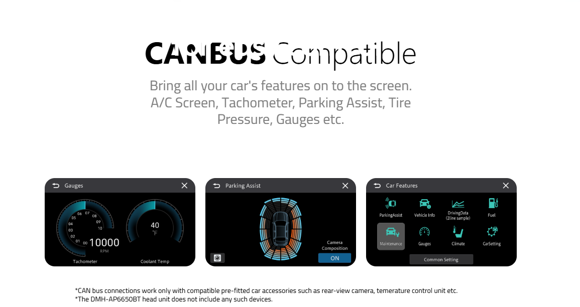Pioneer DMH-AP6650BT CAN Bus compatible display showing tachometer, parking assist, tire pressure, and car gauges integration.