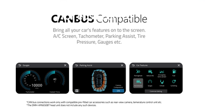 Pioneer DMH-AP6650BT CAN Bus compatible display showing tachometer, parking assist, tire pressure, and car gauges integration.