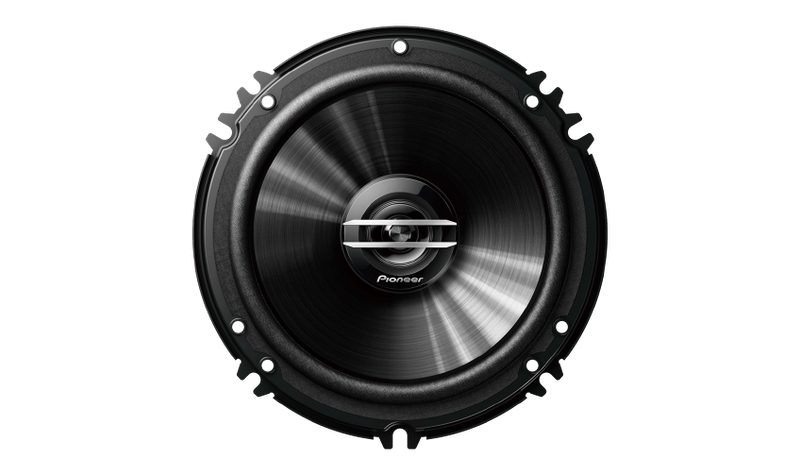 Pioneer TS-G1620S-2 full front view – stylish 6.5 inch coaxial car speaker with mica reinforced cone and sleek black finish.