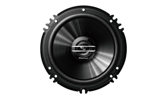 Pioneer TS-G1620S-2 full front view – stylish 6.5 inch coaxial car speaker with mica reinforced cone and sleek black finish.