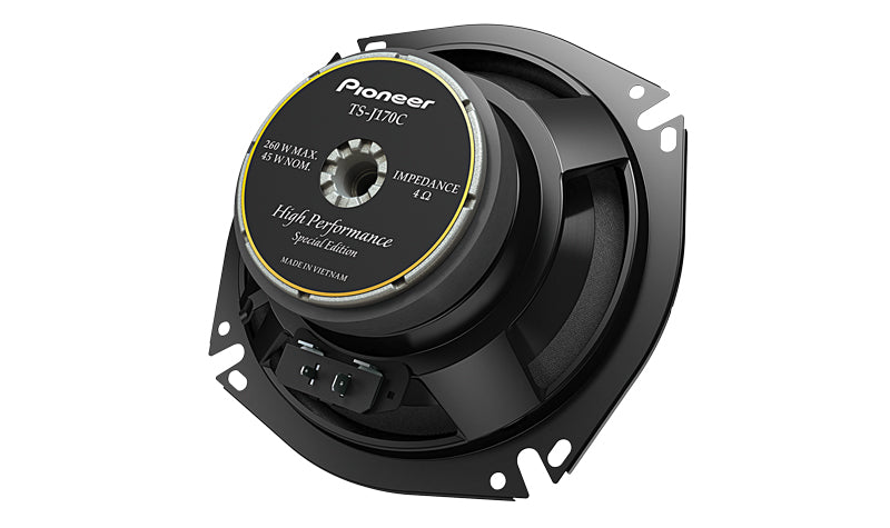 Rear view of Pioneer TS-J170C component speaker showing magnet and impedance specifications