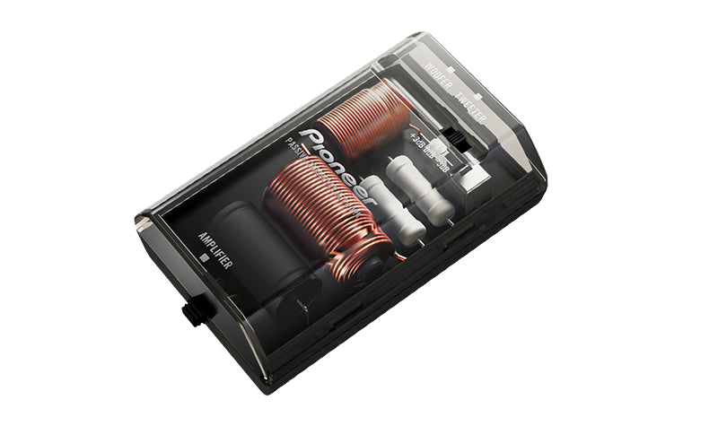 Passive crossover network of Pioneer TS-J170C component speakers for smooth frequency separation and high-resolution audio .Complete Pioneer TS-J170C speaker set including woofer, tweeters, and crossovers for car audio upgrade