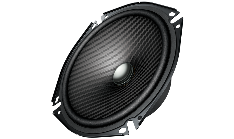 Close-up view of Pioneer TS-J170C carbonized cone woofer for powerful bass and detailed sound reproduction