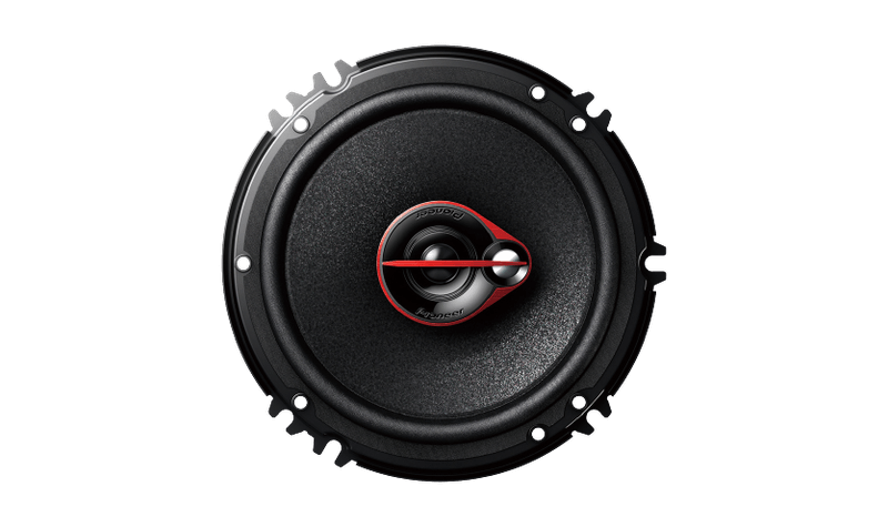 Close-up front view of Pioneer TS-R1651D-2 6.5-inch coaxial car speaker with stylish grille and powerful audio design