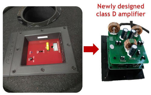 Pioneer subwoofer with Class D amplifier and gain controller for customizable sound adjustment.