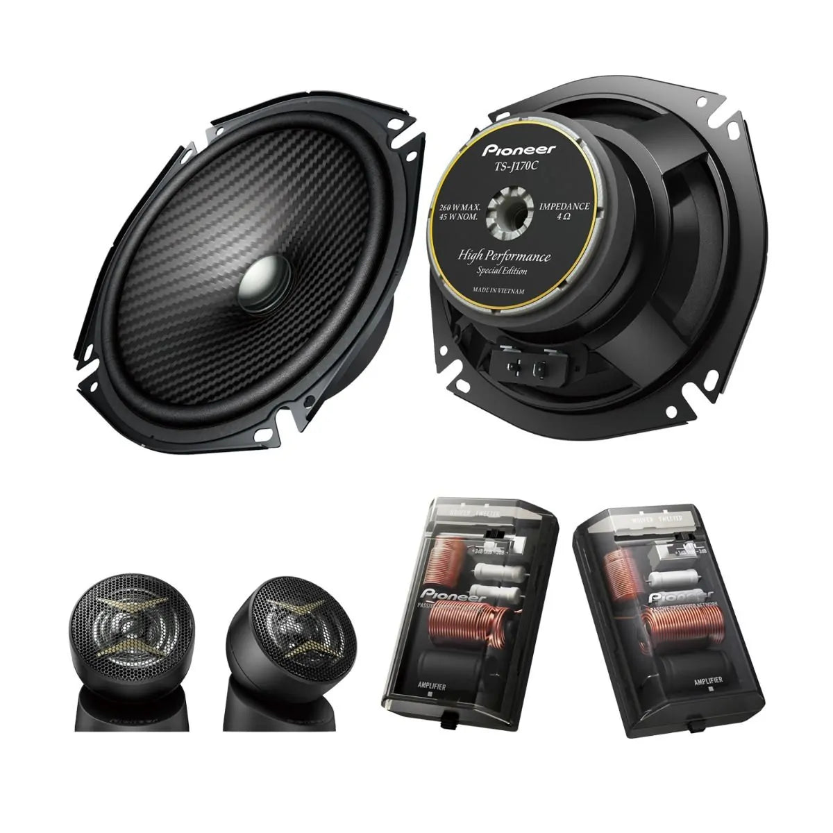 Pioneer TS-J170C 6.75-inch 2-Way Component Car Speakers with carbonized cone, tweeters, and passive crossovers for high-resolution sound