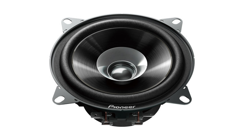 Angled view of Pioneer TSG1010S car speaker showcasing durable dual cone and sleek design.