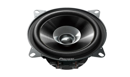 Angled view of Pioneer TSG1010S car speaker showcasing durable dual cone and sleek design.