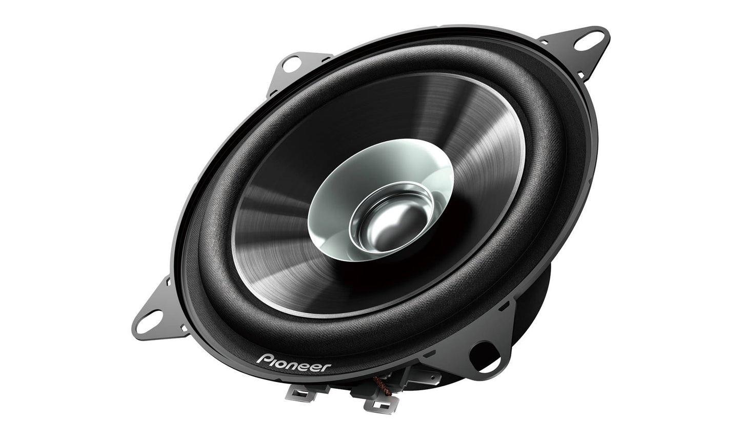 Close-up of Pioneer TSG1010S 4-inch car audio speaker with high-rigidity IMPP composite cone.