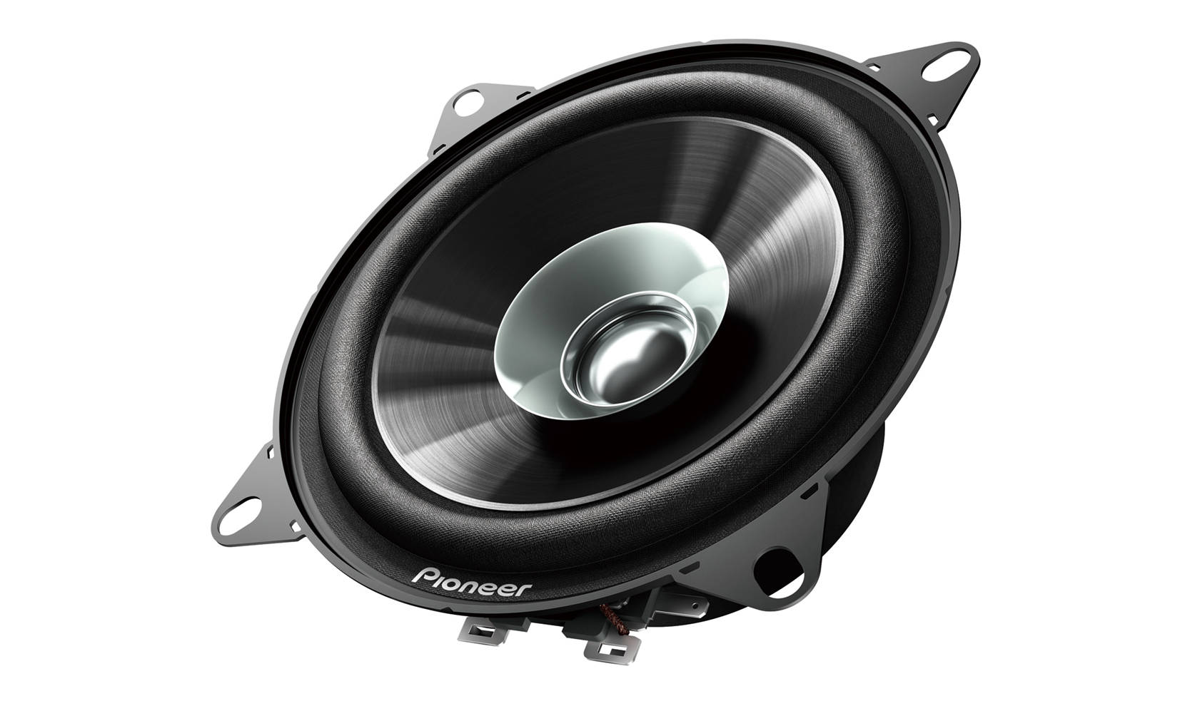 Close-up of Pioneer TSG1010S 4-inch car audio speaker with high-rigidity IMPP composite cone.