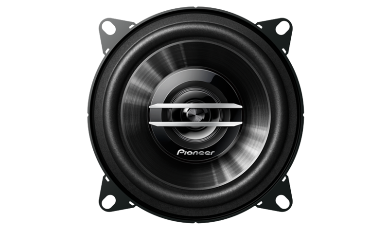 Front view of Pioneer TS-G1020S 4-inch Coaxial Speakers with an IMPP composite cone and piezoelectric tweeter for delivering balanced and crisp audio with high durability.