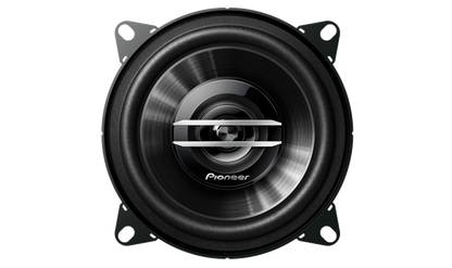 Front view of Pioneer TS-G1020S 4-inch Coaxial Speakers with an IMPP composite cone and piezoelectric tweeter for delivering balanced and crisp audio with high durability.
