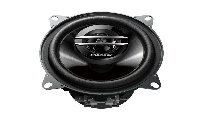 Side angle view of Pioneer TS-G1020S 4-inch Coaxial Speakers designed for car audio systems, showing their powerful bass and clear high frequencies for an immersive listening experience.