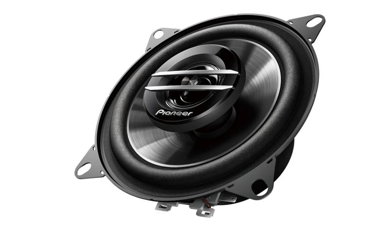 Side view of the Pioneer TS-G1020S 4-inch 2-Way Coaxial Speaker, showcasing its compact design and high-quality build with a tweeter and cone for optimal sound performance in car audio systems.
