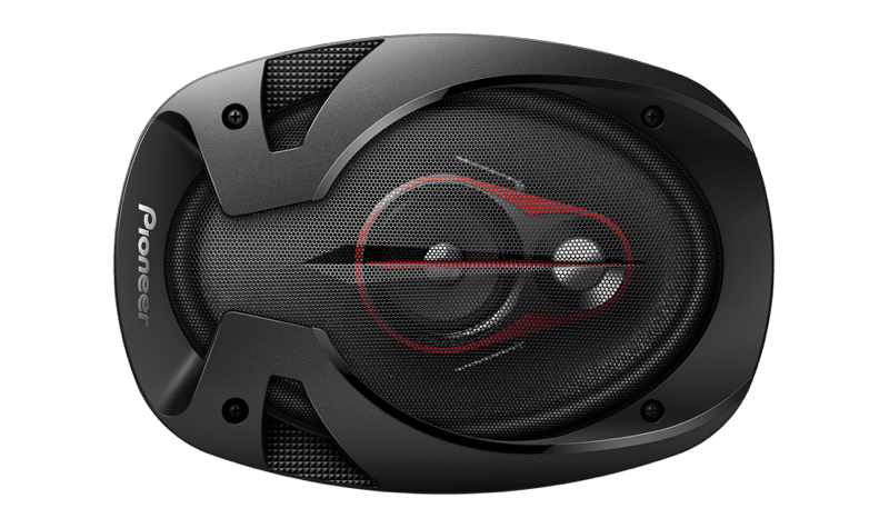 Pioneer TS-R6951S 3-Way Oval Car Speaker front view with stylish grille and red accent design