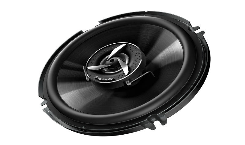 Pioneer TS-1602IN 6-inch coaxial speaker side view showcasing high-rigid IMPP cone woofer and polyimide dome tweeter for clear, powerful sound